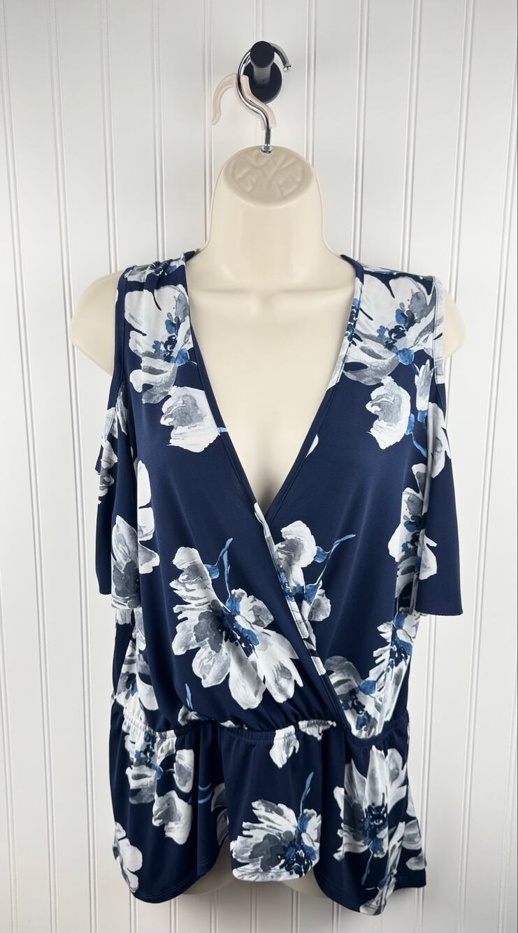 VENUS Floral Cold Shoulder Surplice Peplum Top Blue White XL